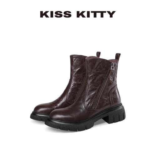 KISSKITTY马丁靴女2026新款棕色复古百搭羊皮褶皱显瘦瘦短靴子