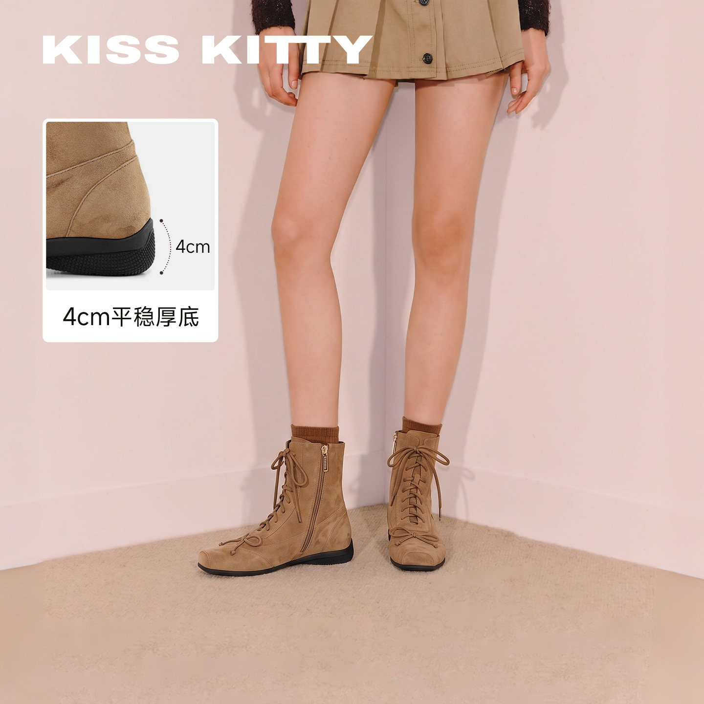 KISSKITTY芭蕾风绑带短靴女2026年秋冬新款休闲靴复古系带瘦瘦靴