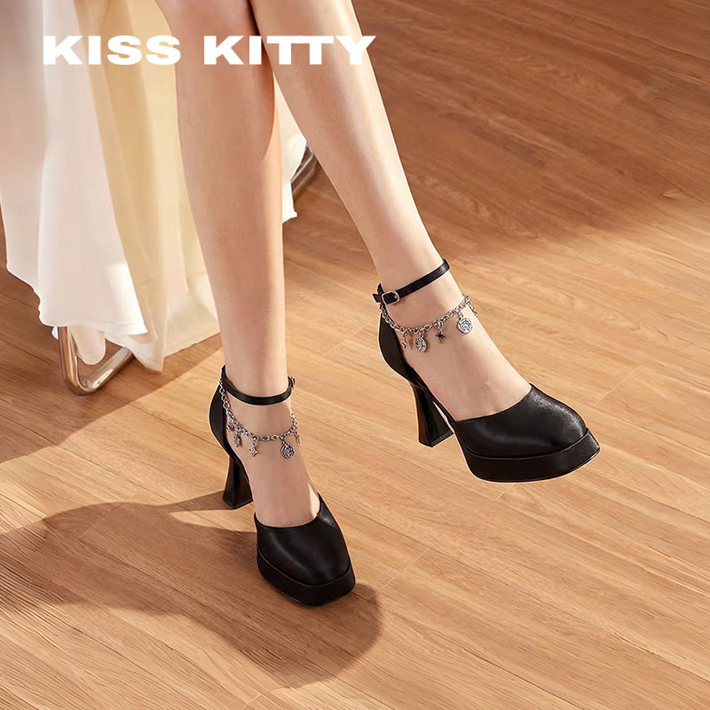 KISSKITTY法式包头凉鞋女2026年增高仙女风婚鞋羊皮防水台高跟鞋