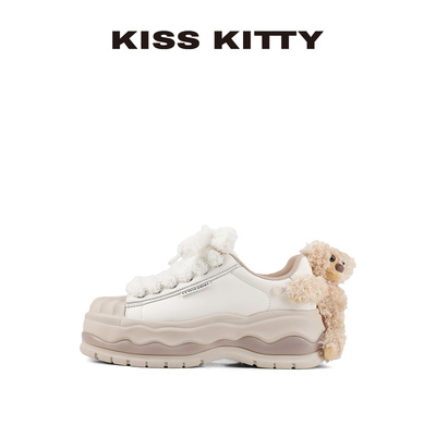 KISSKITTY小熊贝壳头小白鞋女2025新款秋季厚底增高休闲运动板鞋