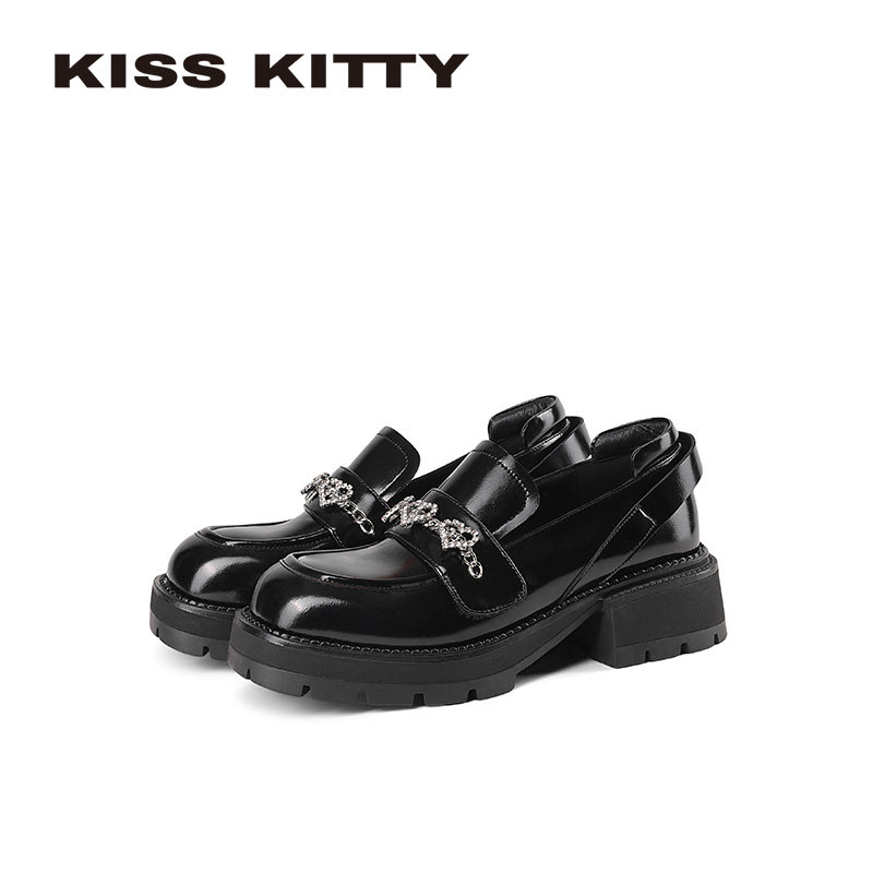 KISSKITTY牛津乐福鞋女2026春新款英伦学院厚底增高珍珠扣小皮鞋