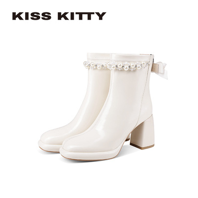 KISSKITTY瘦瘦短靴女2025秋冬新款白色防水台粗高跟珍珠蝴蝶结