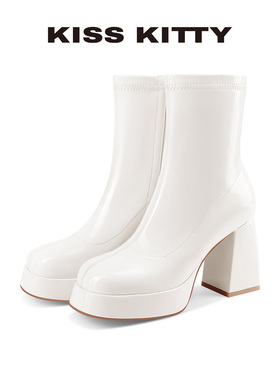 KISSKITTY弹力瘦瘦靴2025秋冬新款防水台方头粗跟白色高跟短靴女