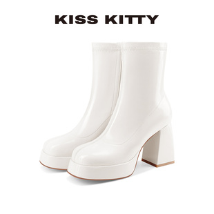 KISSKITTY弹力瘦瘦靴2025秋冬新款防水台方头粗跟白色高跟短靴女