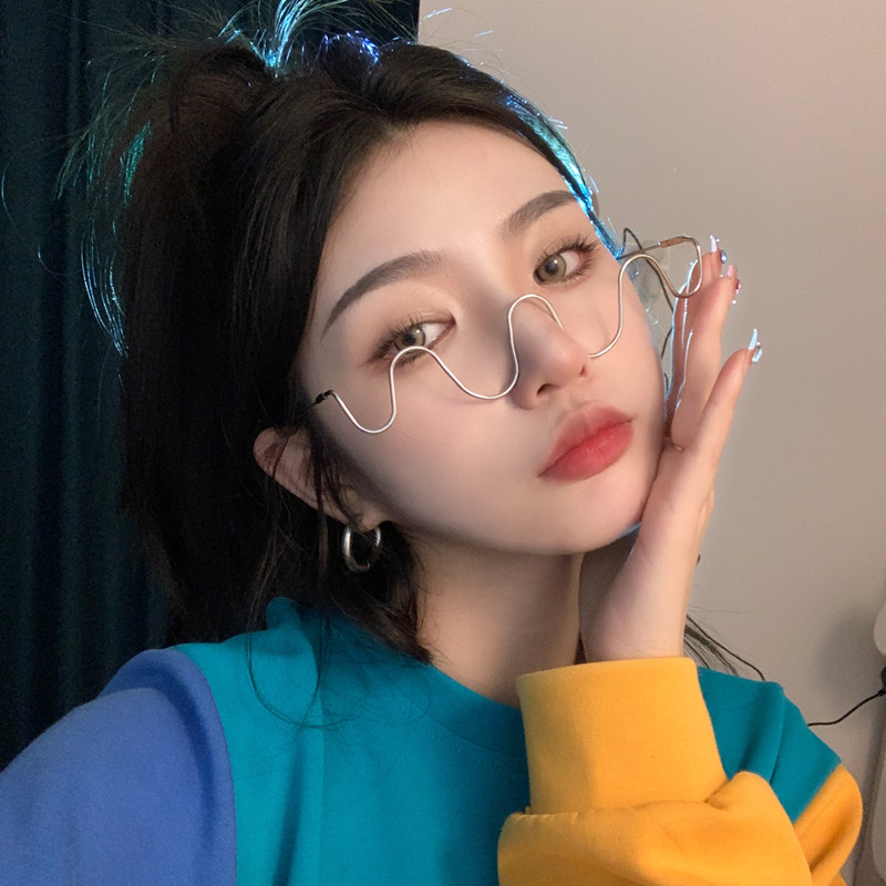 无片眼镜框2022新款欧美ins网红风波浪凹造型潮个性走秀装饰镜架