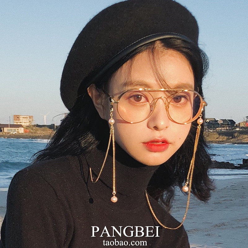 新款网红范智乔眼镜复古文艺镂空金属厚框平光镜链条珍珠近视女