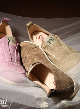 ShānRen 简约风头层牛皮深口单鞋女一脚蹬中跟圆头休闲鞋内增高