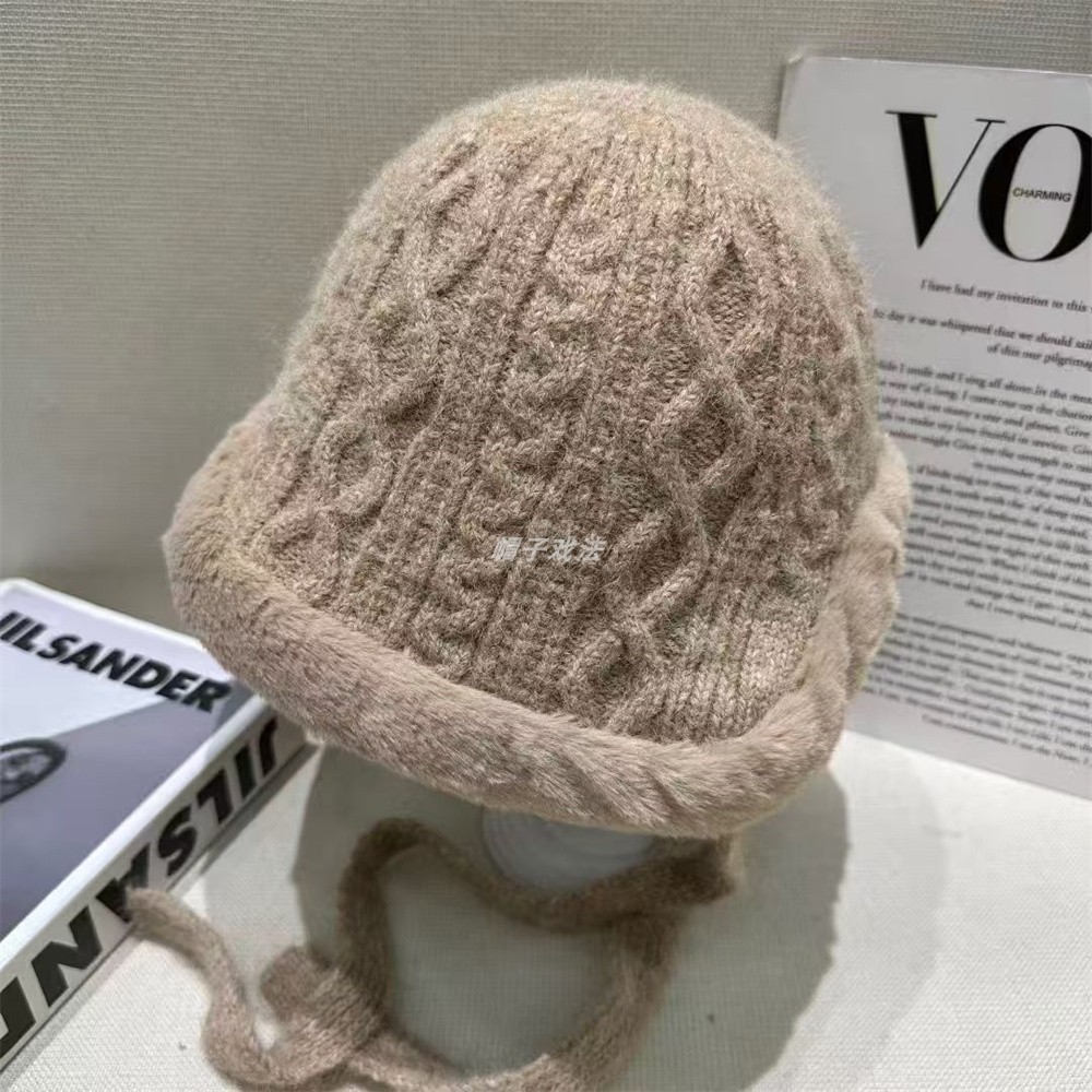 绑带后开口针织麻花毛绒边女百搭街拍优雅秋季圆顶保暖盆帽渔夫帽