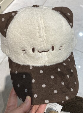甜美可爱猫耳朵羊羔绒棒球帽鹿皮绒女式秋冬保暖波点刺绣表情帽子
