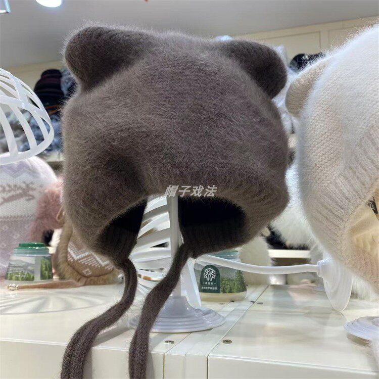 毛绒护耳柔软安哥拉兔毛滑雪耳朵百搭保暖韩版彩色开叉系绳针织帽