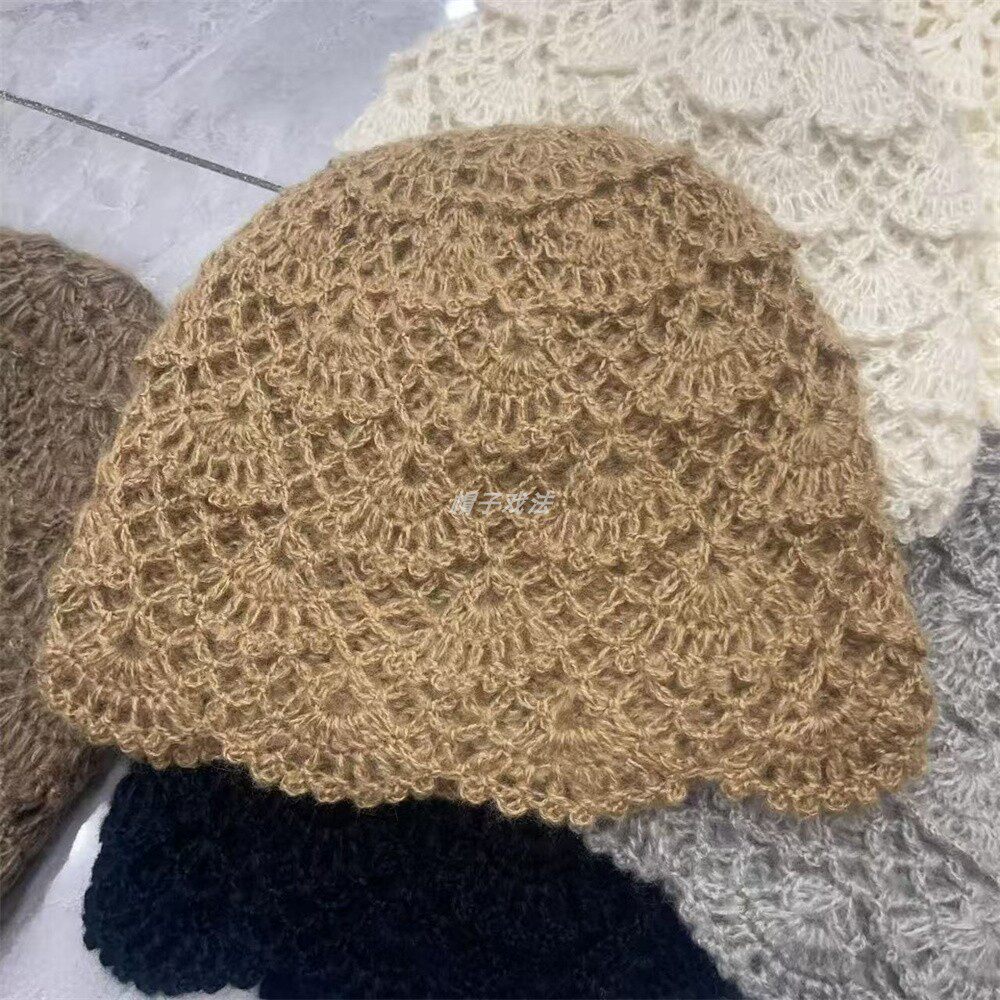 镂空手工钩针扇面花边女式秋季保暖薄款休闲腈纶毛线针织帽渔夫帽