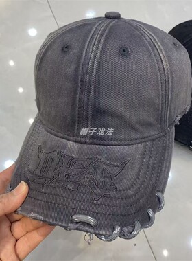 编绳水洗帽檐刺绣字母个性牛仔重水洗春黑色酷帅可调节软顶棒球帽