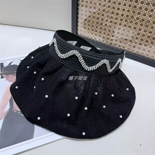 两用发卡遮阳防晒女式珍珠重工钻装饰百搭可爱时尚流行可调空顶帽