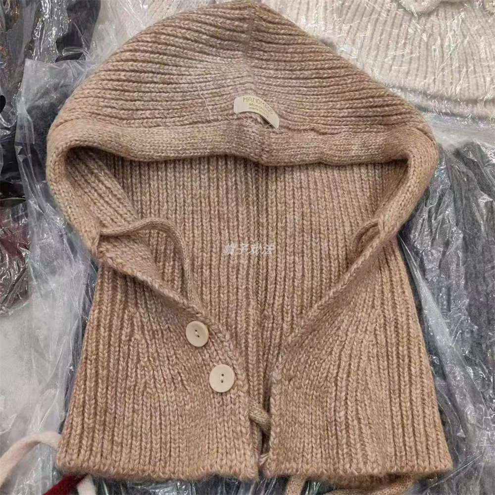 双扣滑雪一体仿羊毛冬披肩连帽百搭保暖护耳抽绳女拉法针织风雪帽