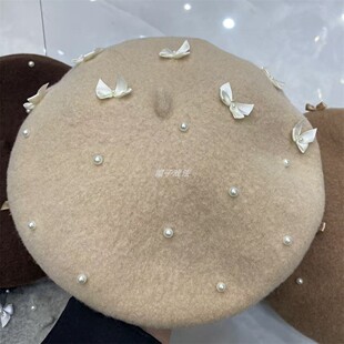 奢华珍珠蝴蝶结百搭百分百绵羊毛休闲秋季韩版通用女式贝雷画家帽