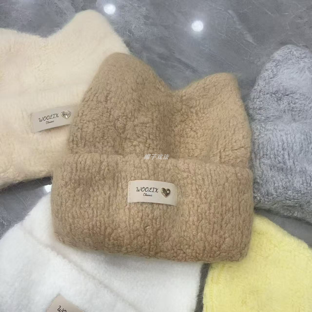 加厚百搭保暖尖耳朵贴布显瘦韩版兔毛情侣学生秋冬盖耳毛绒翻边帽