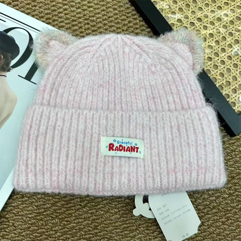 网红腈纶毛绒学生款小熊可爱圆耳朵女式薄保暖冬季盖耳翻边针织帽