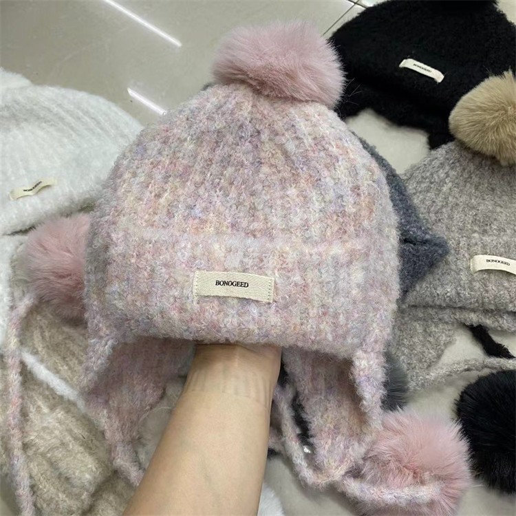 毛线腈纶杂线滑雪一体百搭保暖护耳冬季可爱女针织毛球风雪雷锋帽