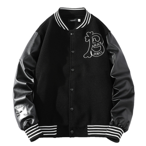 25春新款毛呢PU拼接棒球服男字母刺绣夹克外套XZ311A-JK112-P80图片