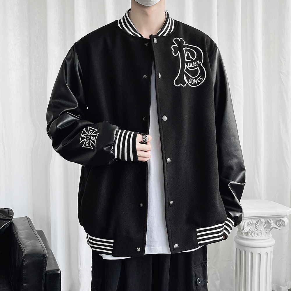 25春新款毛呢PU拼接棒球服男字母刺绣夹克外套XZ311A-JK112-P80图片