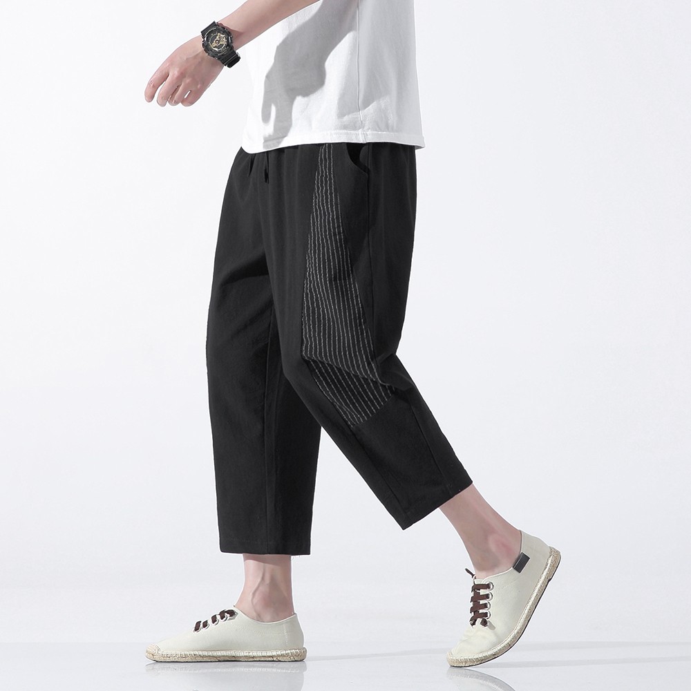 爆24条纹撞色风棉麻八分裤男灯笼裤萝卜裤锥形哈伦裤K107-p45，男装休闲裤，星座311A