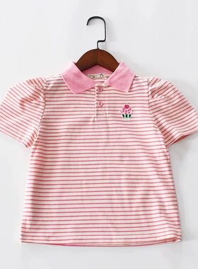 亏清120-150码夏季女童短袖t恤polo领柔软透气泡泡袖上衣尺码足