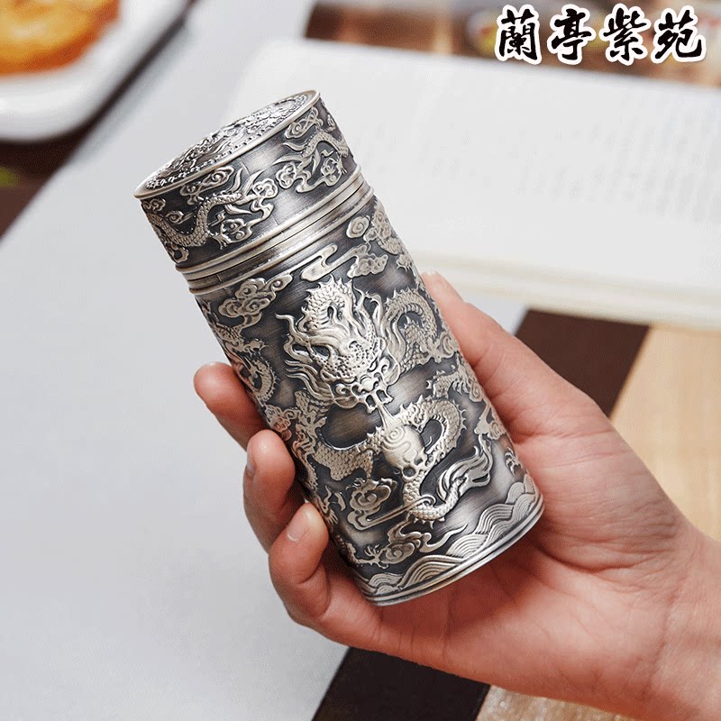 银杯子999纯银复古浮雕保温杯