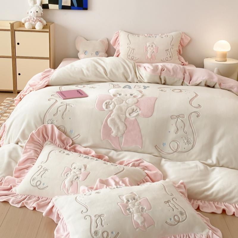 送抱枕！冬季牛奶绒四件套公主风