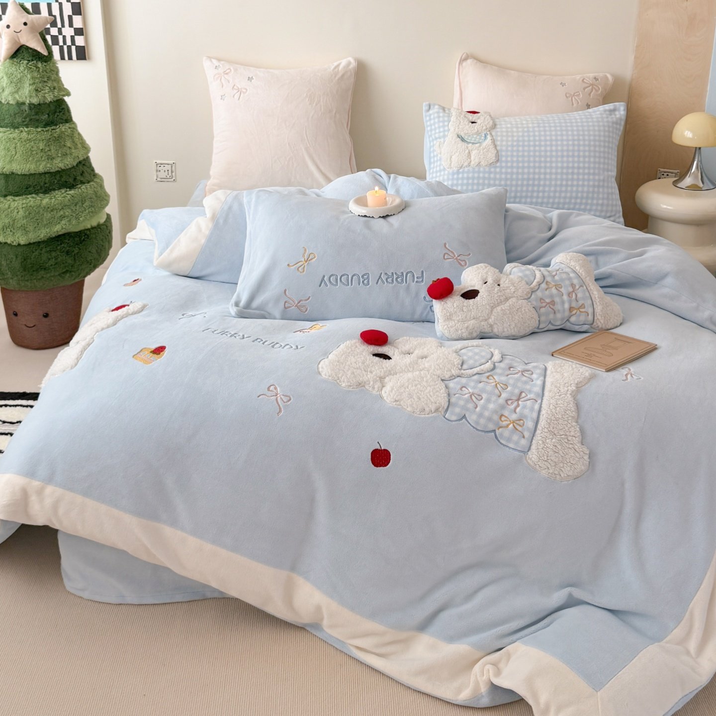 少女心冬季可爱小狗加厚牛奶绒四件套公主风卡通风珊瑚绒被套床单