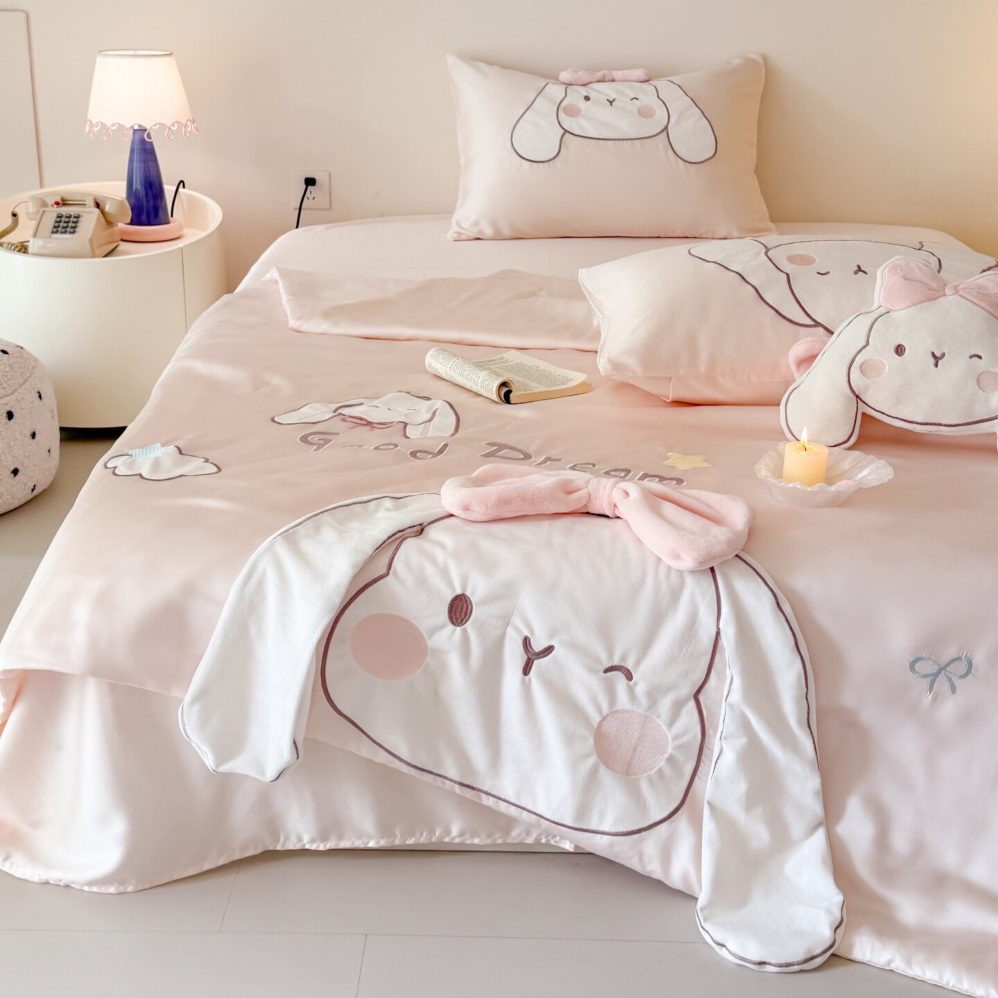 少女心夏季双面天丝夏凉被四件套卡通可爱兔子可水洗凉感床上用品