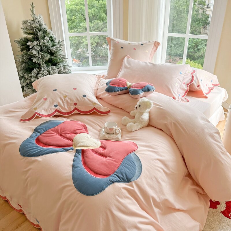 少女心可爱立体蝴蝶结刺绣全棉水洗棉四件套女孩纯棉床单被套床品