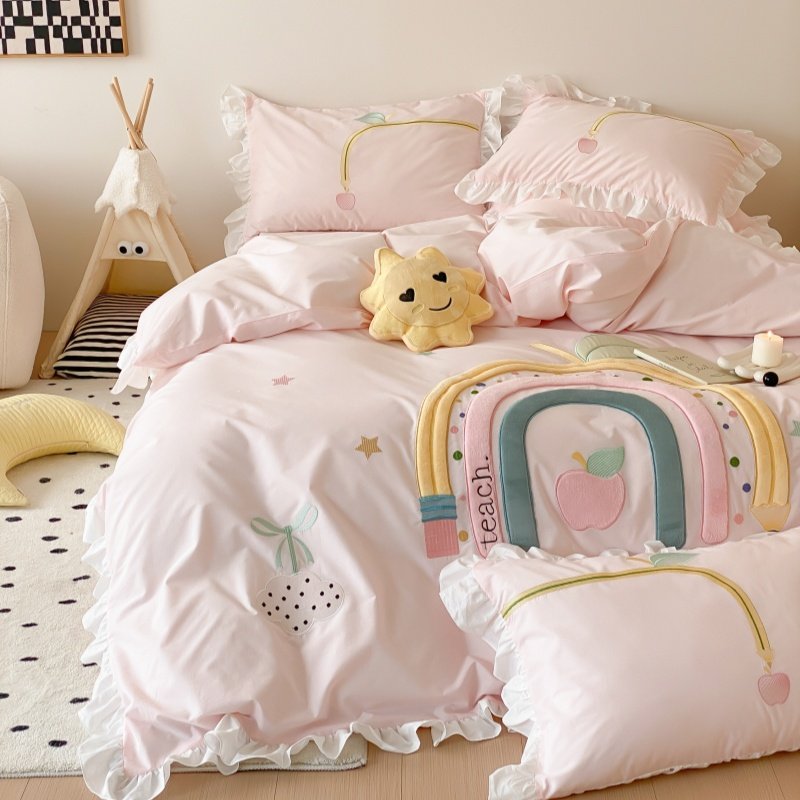 彩虹刺绣纯棉水洗棉四件套全棉少女心床单儿童女孩公主风床上用品,床上用品,床品套件/四件套/多件套,淘宝优惠券,粉丝福利购,淘宝优惠卷