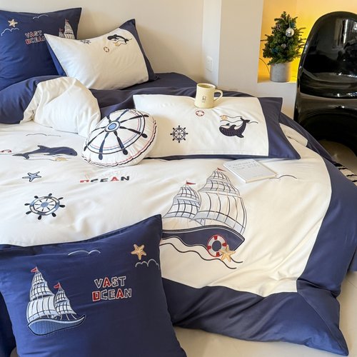 英伦风青少年刺绣加厚纯棉四件套