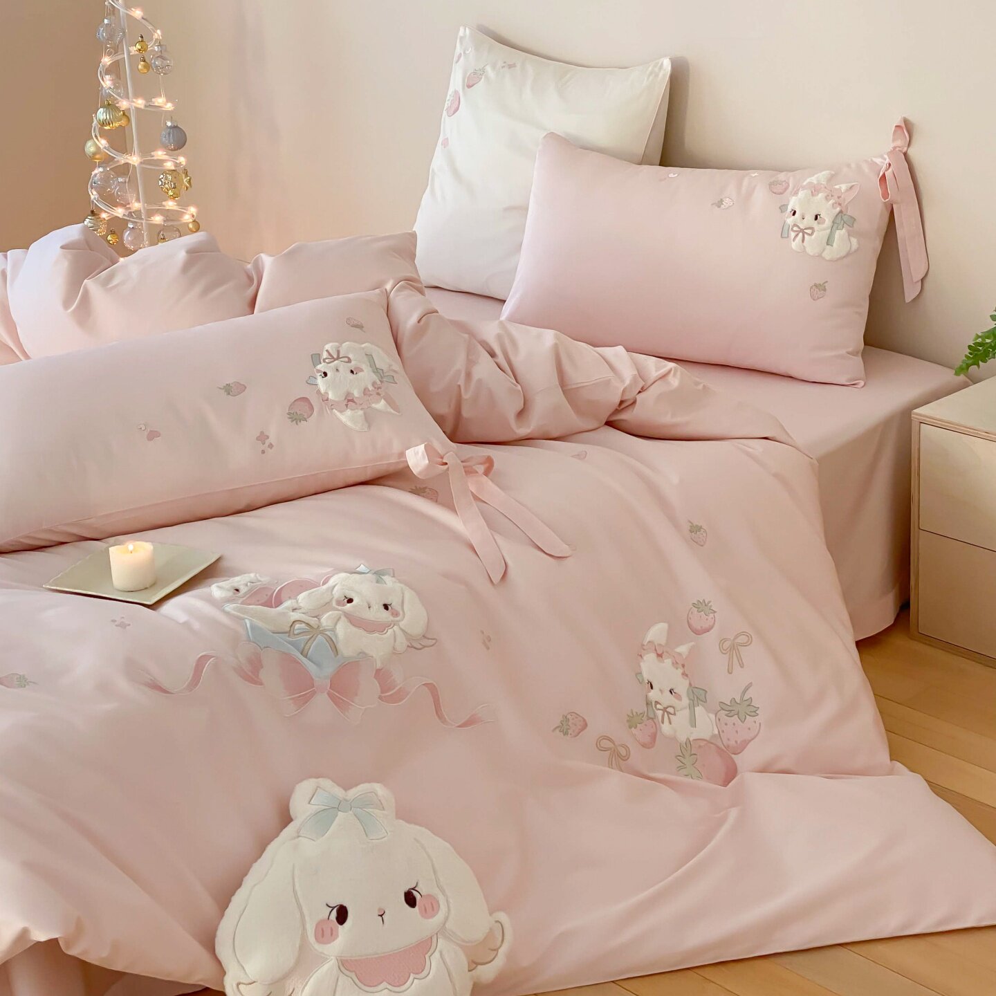可爱公主风长绒棉四件套卡通小兔刺绣被套纯棉粉色少女心床上用品