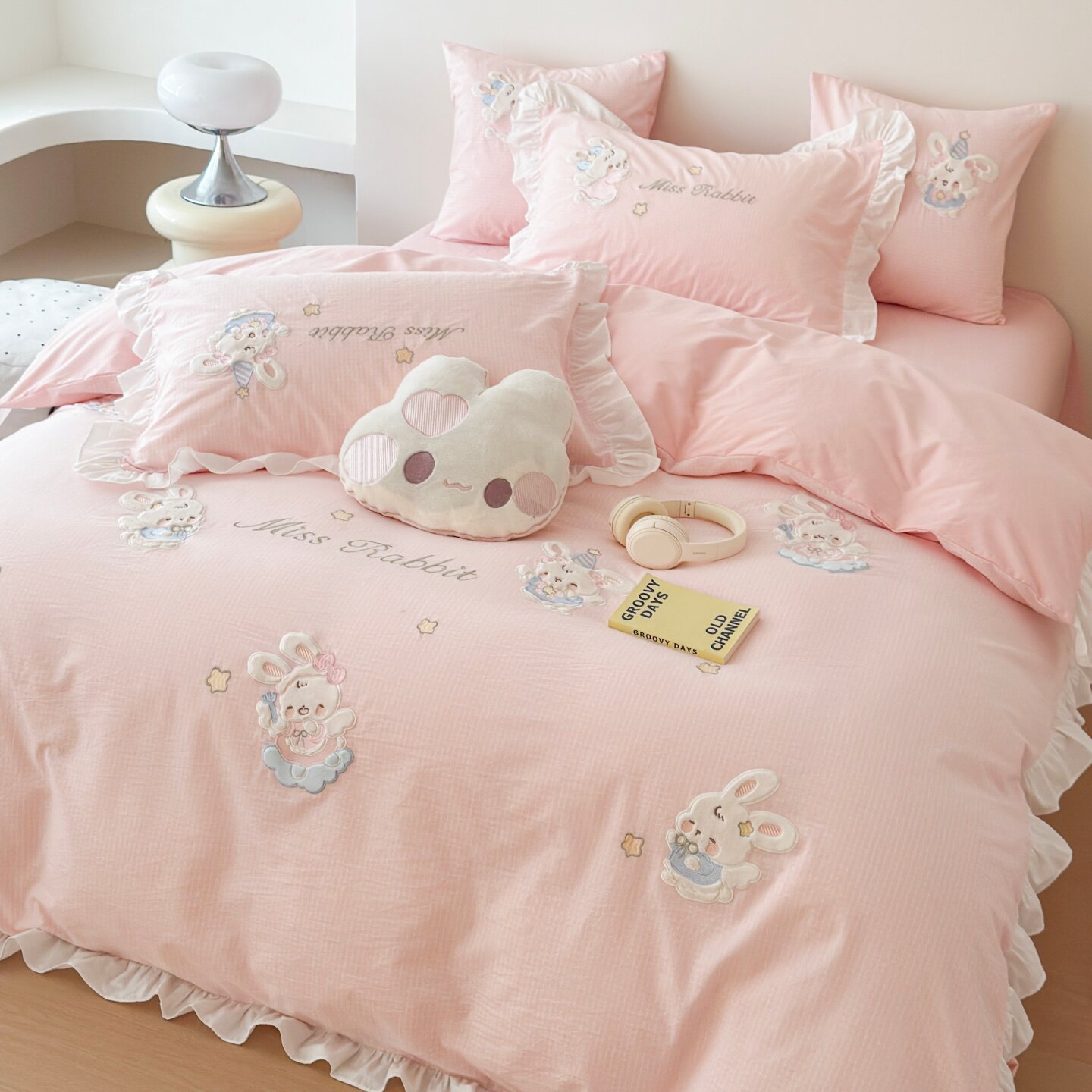 可爱心女孩纯棉水洗棉四件套全棉卡通兔子儿童被套公主风花边床品
