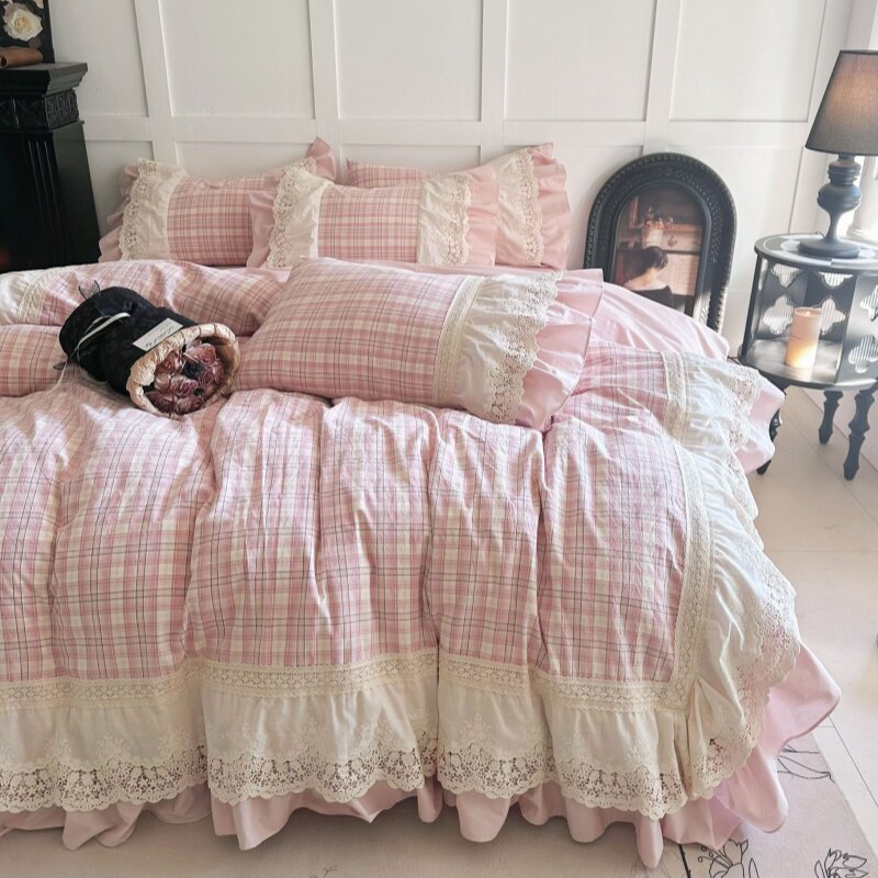 法式公主风粉色条纹格全棉水洗棉床上四件套纯棉蕾丝花边被套床单
