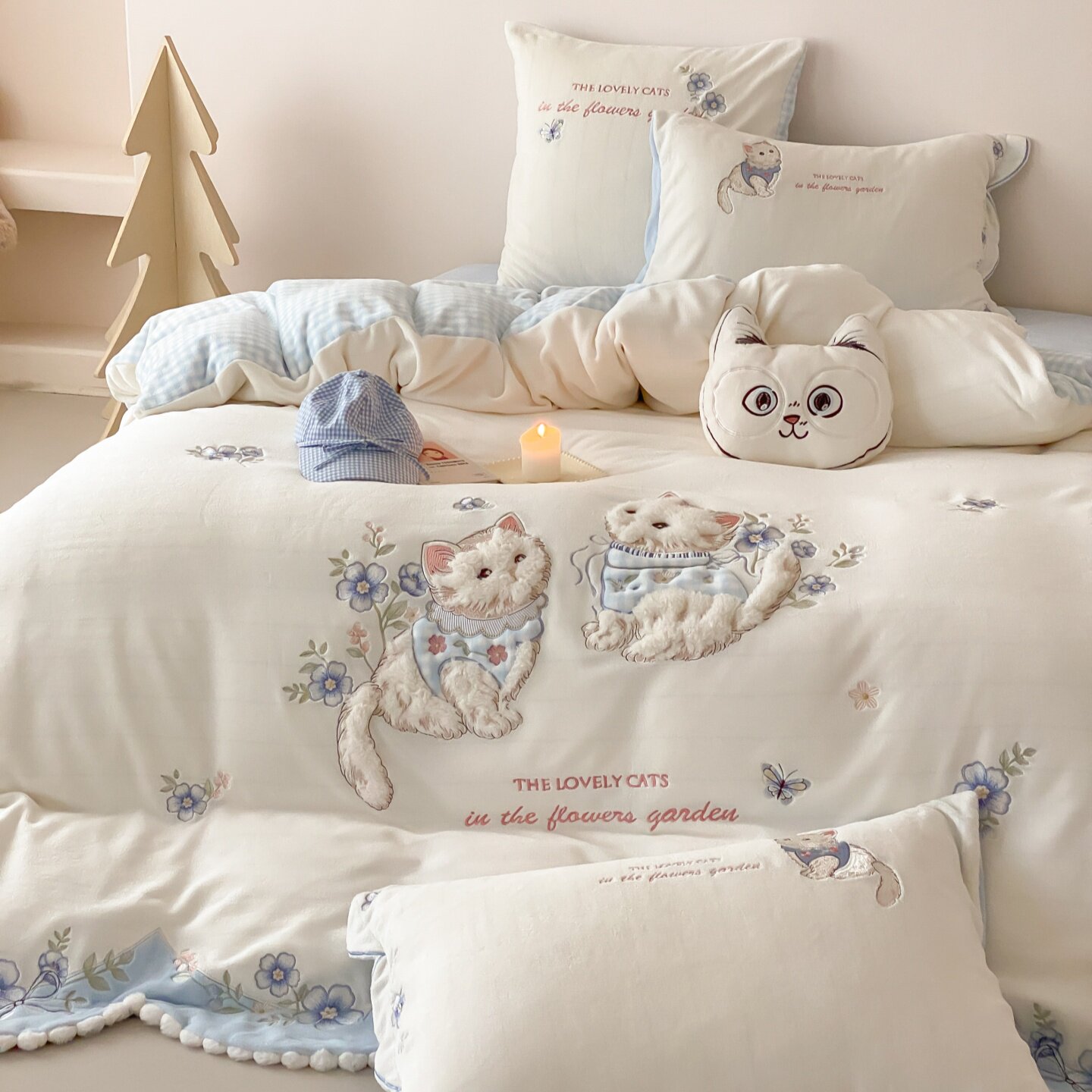 冬季少女心可爱猫咪卡通加厚牛奶绒四件套儿童珊瑚绒被套床单床品