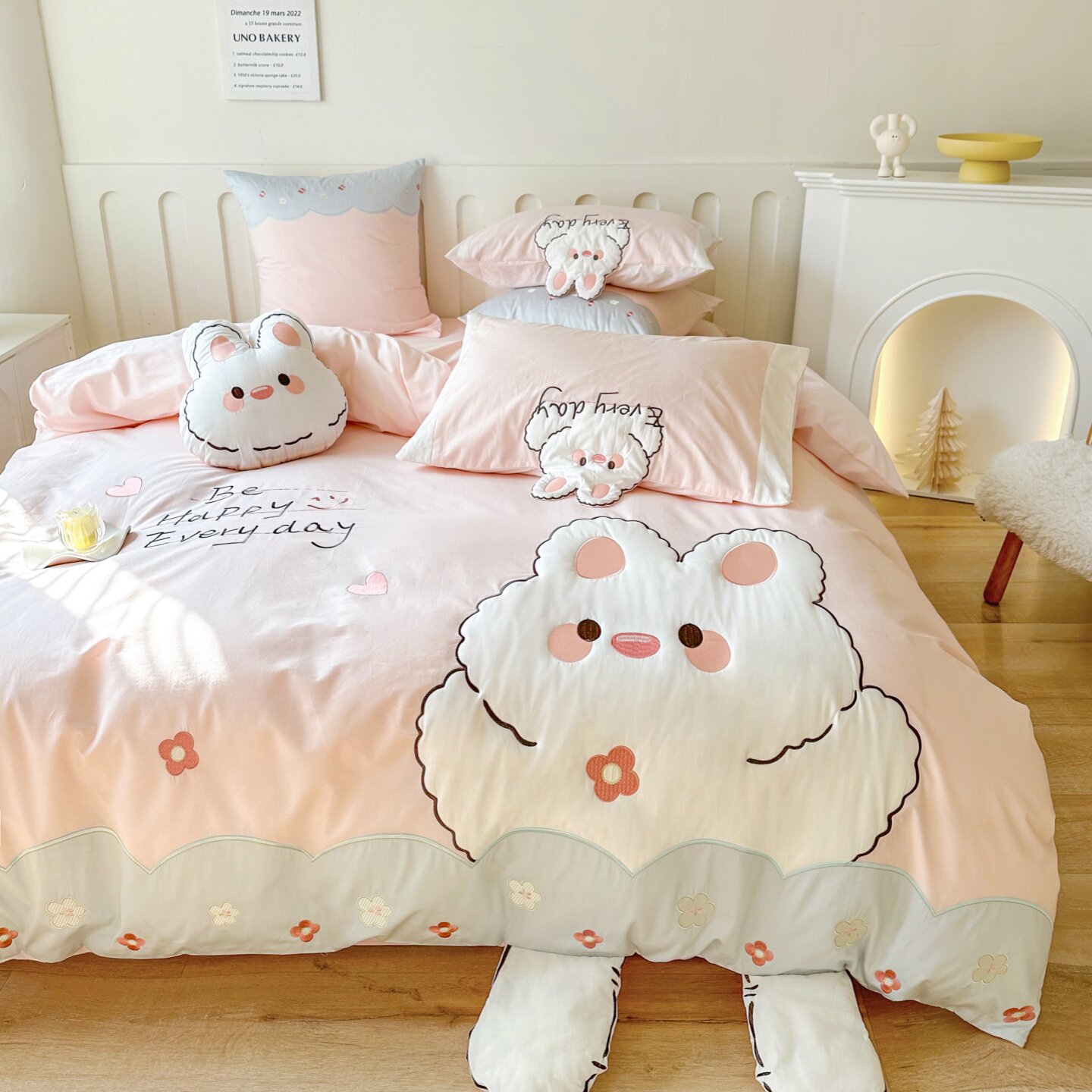 少女心粉色可爱兔子纯棉四件套全棉水洗棉被套公主风儿童床上用品