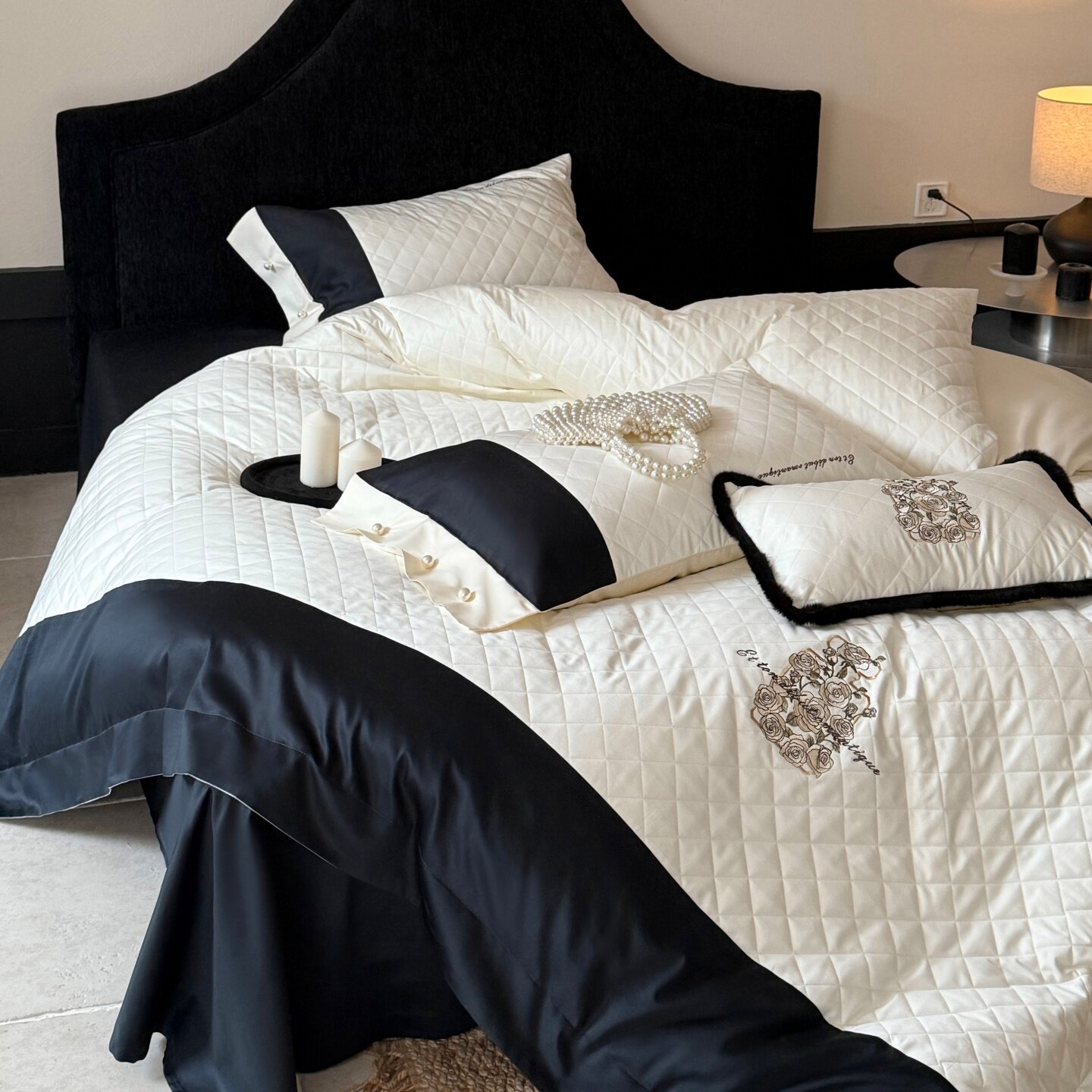 法式长绒棉四件套全棉纯棉轻奢黑白绗缝花卉刺绣床单被套床上用品