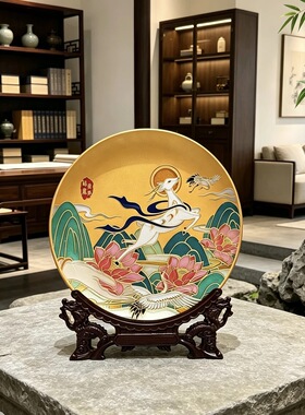 【ZC·宗宸家居】神鹿仙鹤低温珐琅赏盘敦煌壁画玄关摆件商务送礼