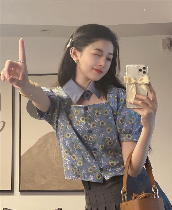 Real French square collar sunflower print bubble sleeve short sleeve design collar shirt