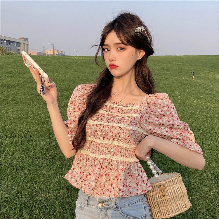 Real shot Korean version square collar broken flower fungus edge chiffon shirt