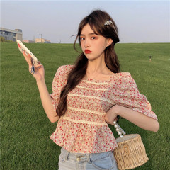 Real shot Korean version square collar broken flower fungus edge chiffon shirt