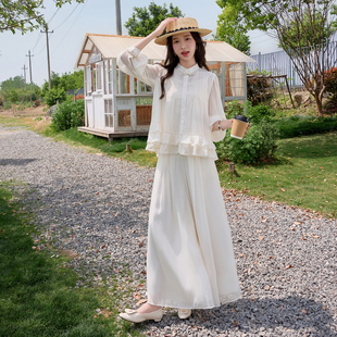 超仙法式长袖衬衫套装女2026夏季新款防晒上衣流行阔腿裙裤两件套