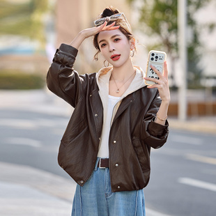美拉德连帽假两件皮衣外套女2026春新款 小个子流行显瘦百搭机车服