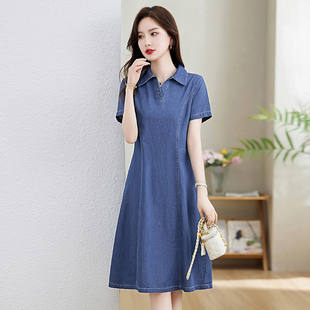 夏季薄牛仔连衣裙女装新款2026年夏季小个子修身时尚短袖衬衫裙子