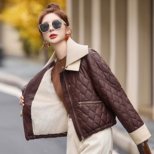 菱形格加绒加厚PU皮衣外套女2024冬季短款针织翻领宽松休闲皮棉衣