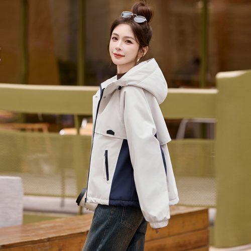 时尚拼接休闲连帽派克服女