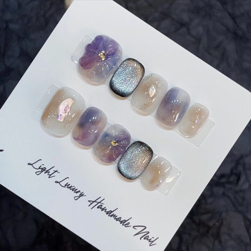 【司藤】水晕染紫罗兰小花纯手工穿戴甲短款猫眼手工美甲贴高级感