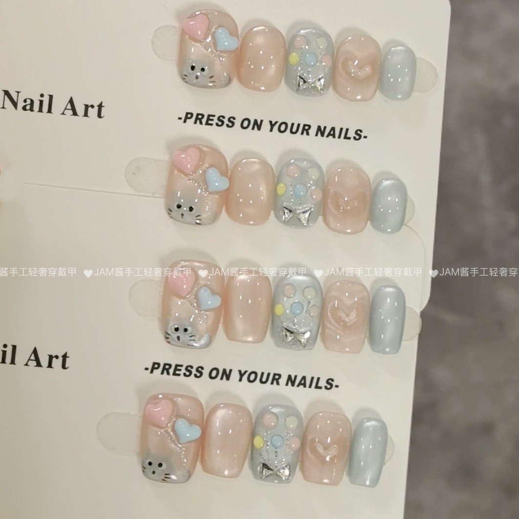 告白猫咪 新款纯手工穿戴甲短款手绘小猫高级感爱心猫眼穿戴美甲,彩妆/香水/美妆工具,穿戴甲/甲片,淘宝优惠券,粉丝福利购,淘宝优惠卷